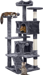 Large Cat Tree 138.5cm Multi Level Scratching Tower Condo Dark Grey