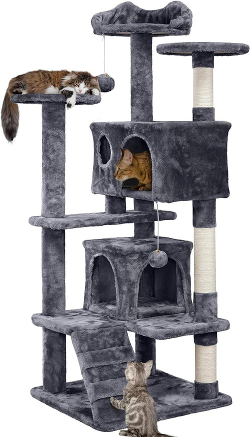 Large Cat Tree 138.5cm Multi Level Scratching Tower Condo Dark Grey