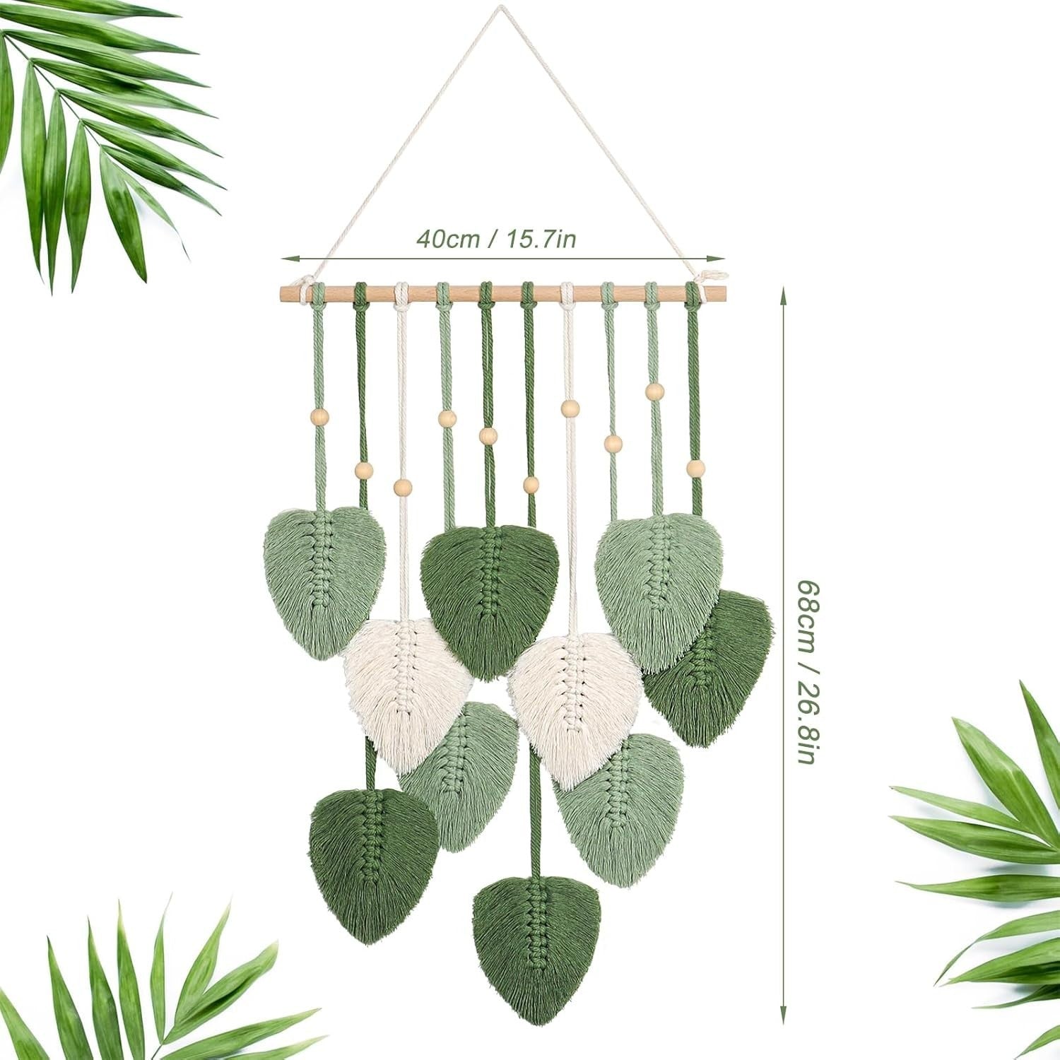 Macrame Wall Hanging Green Leaf Boho Tassel Wall Decor Handmade