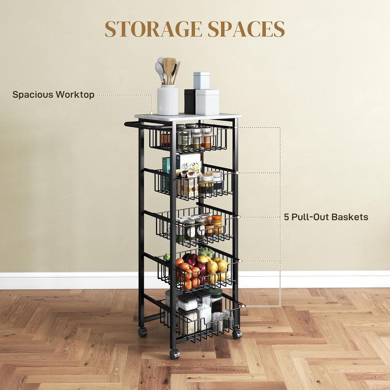 5 Tier Rolling Kitchen Island Cart Storage Trolley Mesh Baskets Grey