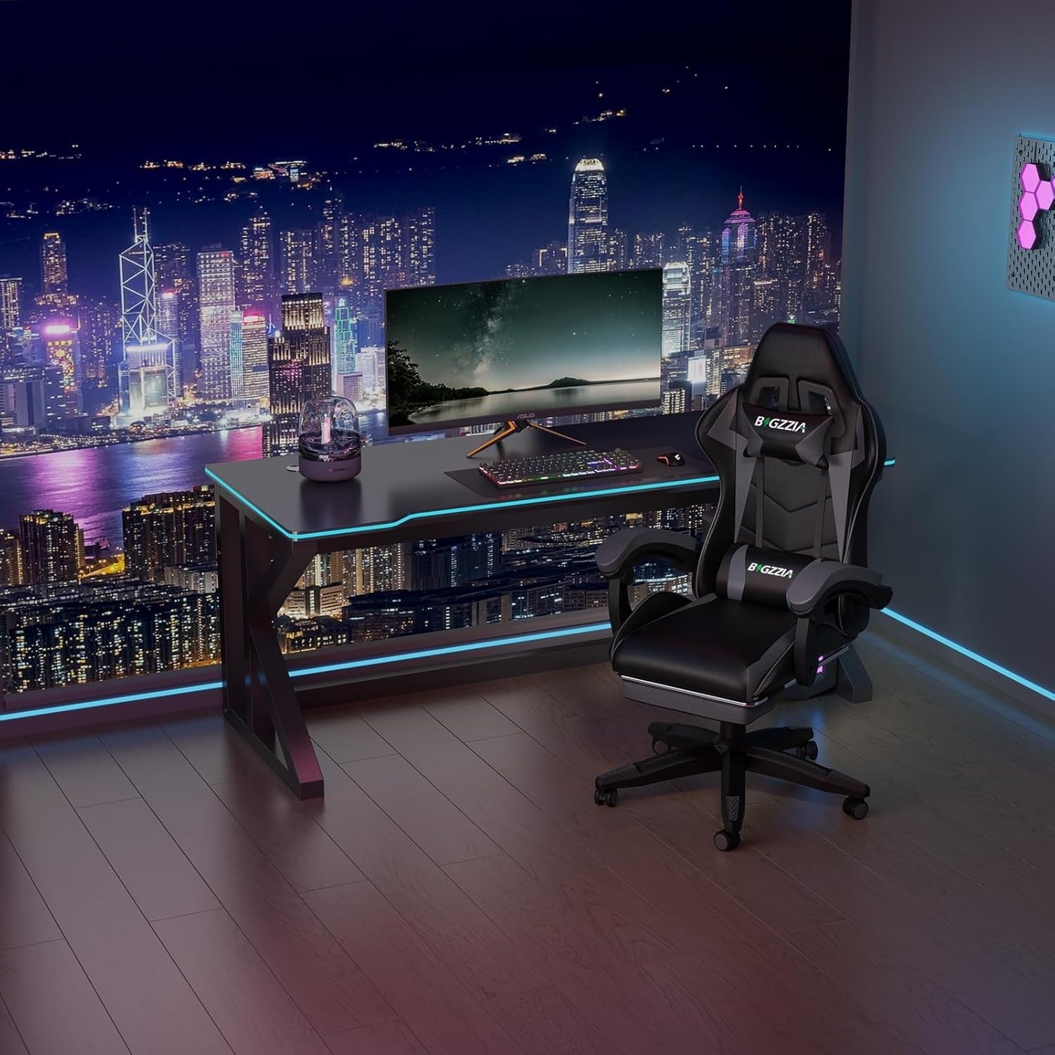 Gaming Chair PC Racing Seat LED Lights Faux Leather Recliner Ergonomic Grey