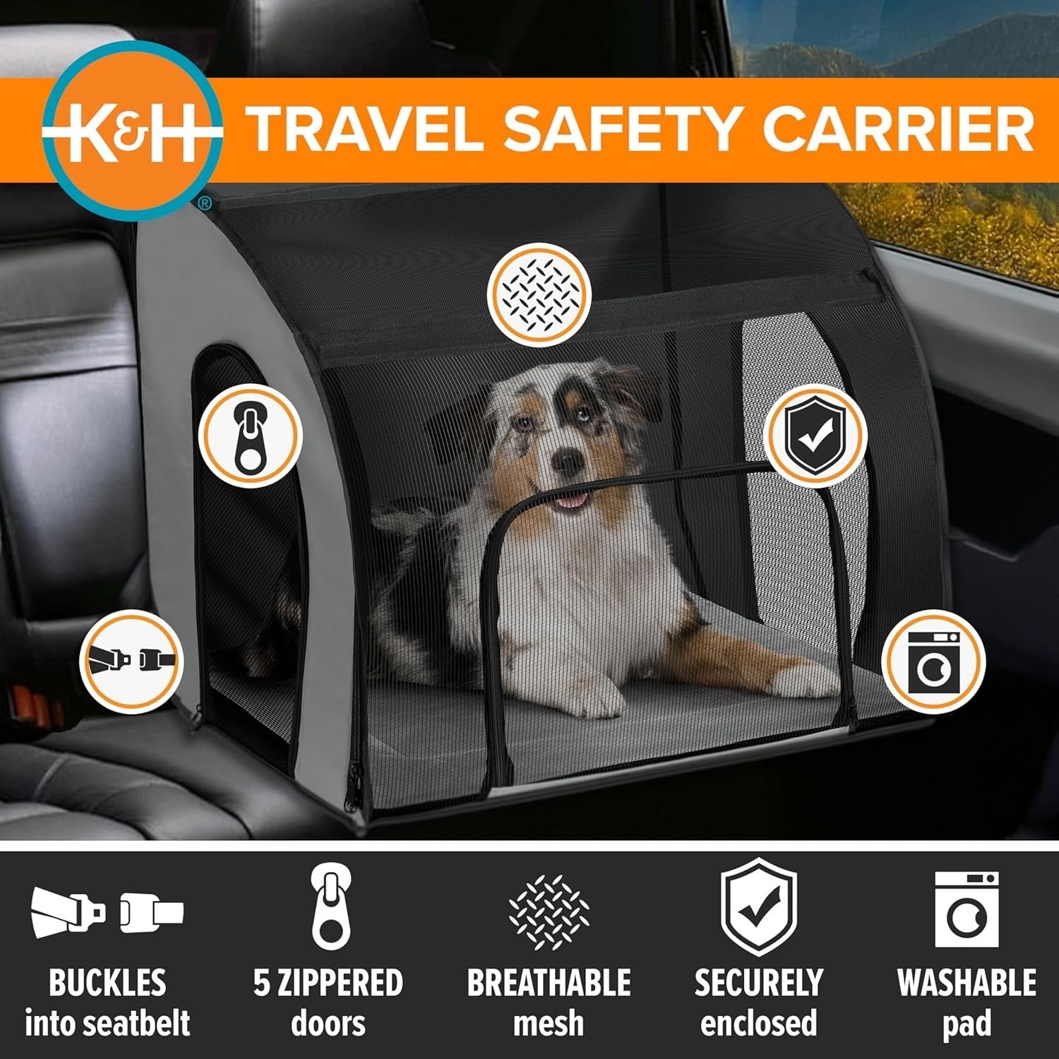 Travel Safety Pet Carrier Large 56x56x65cm Soft Dog Car Seat Crate Grey Black