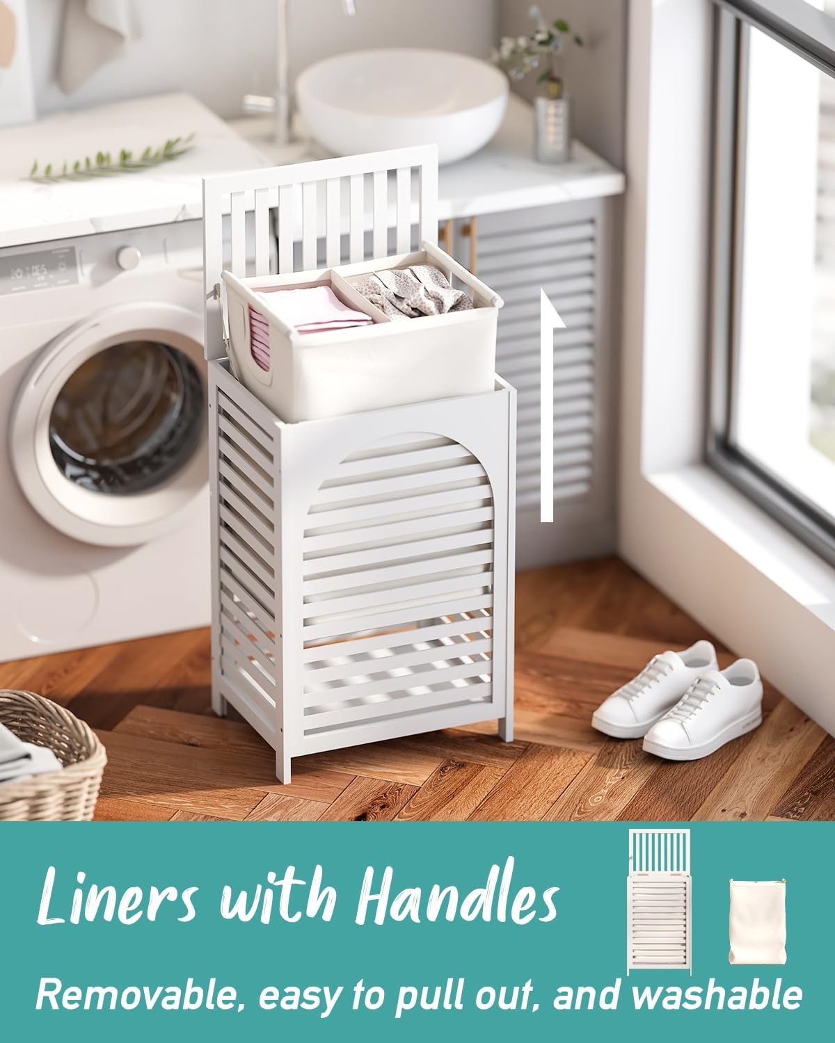White Bamboo Laundry Hamper 85L with Lid & Removable Liner | Ventilated Clothes