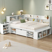 Kids Double Bed with Storage Drawers Bookcase Shelves 4ft6 White 135x190cm