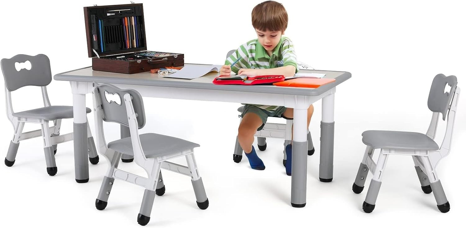 Adjustable Kids Table & 4 Chairs Set Durable Plastic Furniture Grey