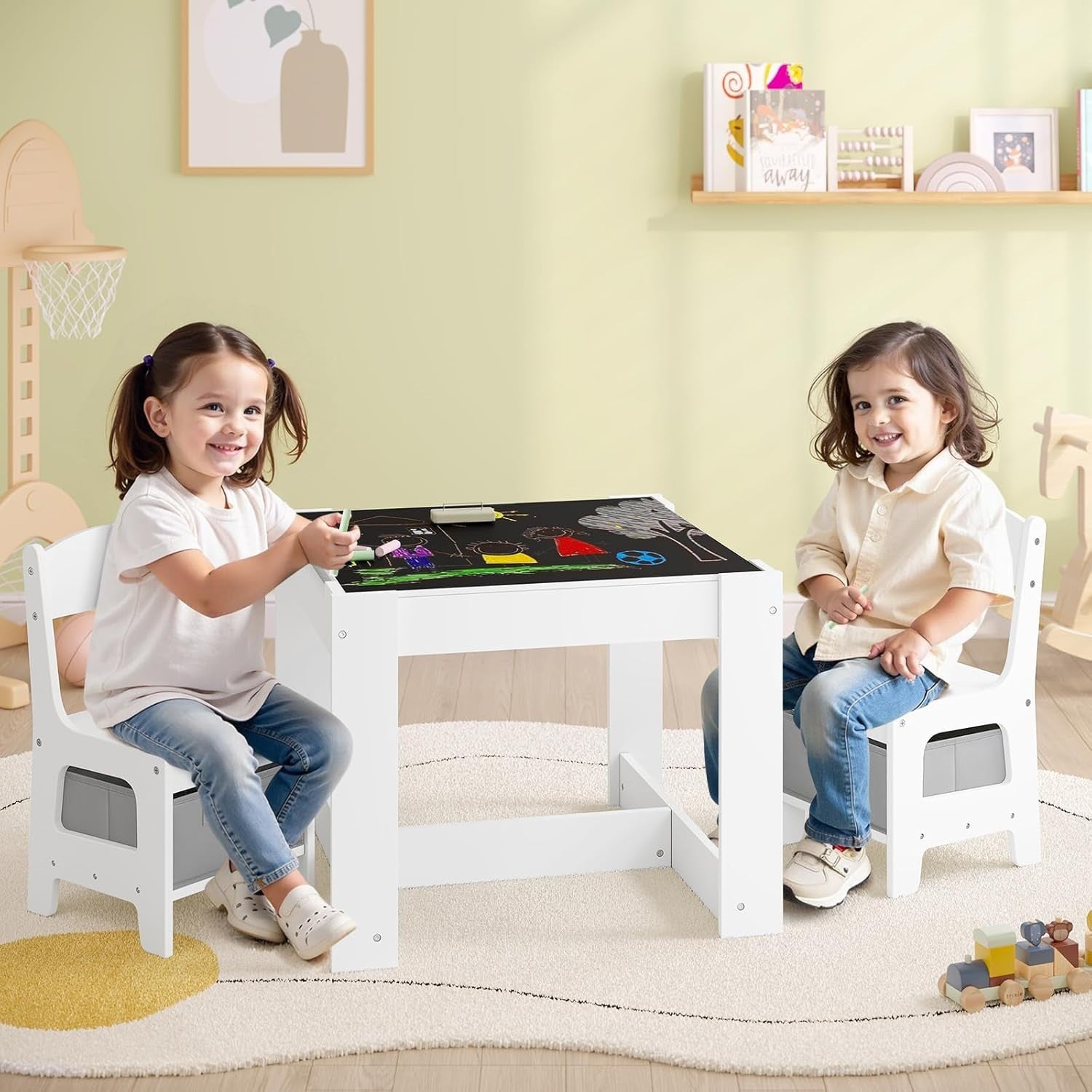 3-in-1 Kids Table & Chair Set with Storage Boxes, Space-Saving Bench
