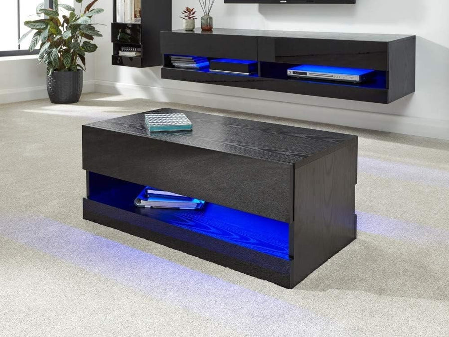 LED Coffee Table with Storage & High Gloss Finish – Modern Black TV Unit