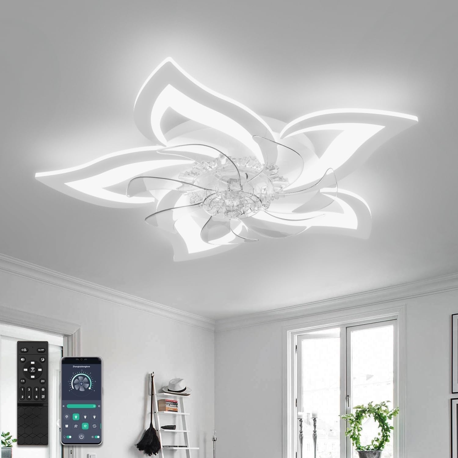 Ceiling Fan with Lights, 6 Speeds, Dimmable LED, White