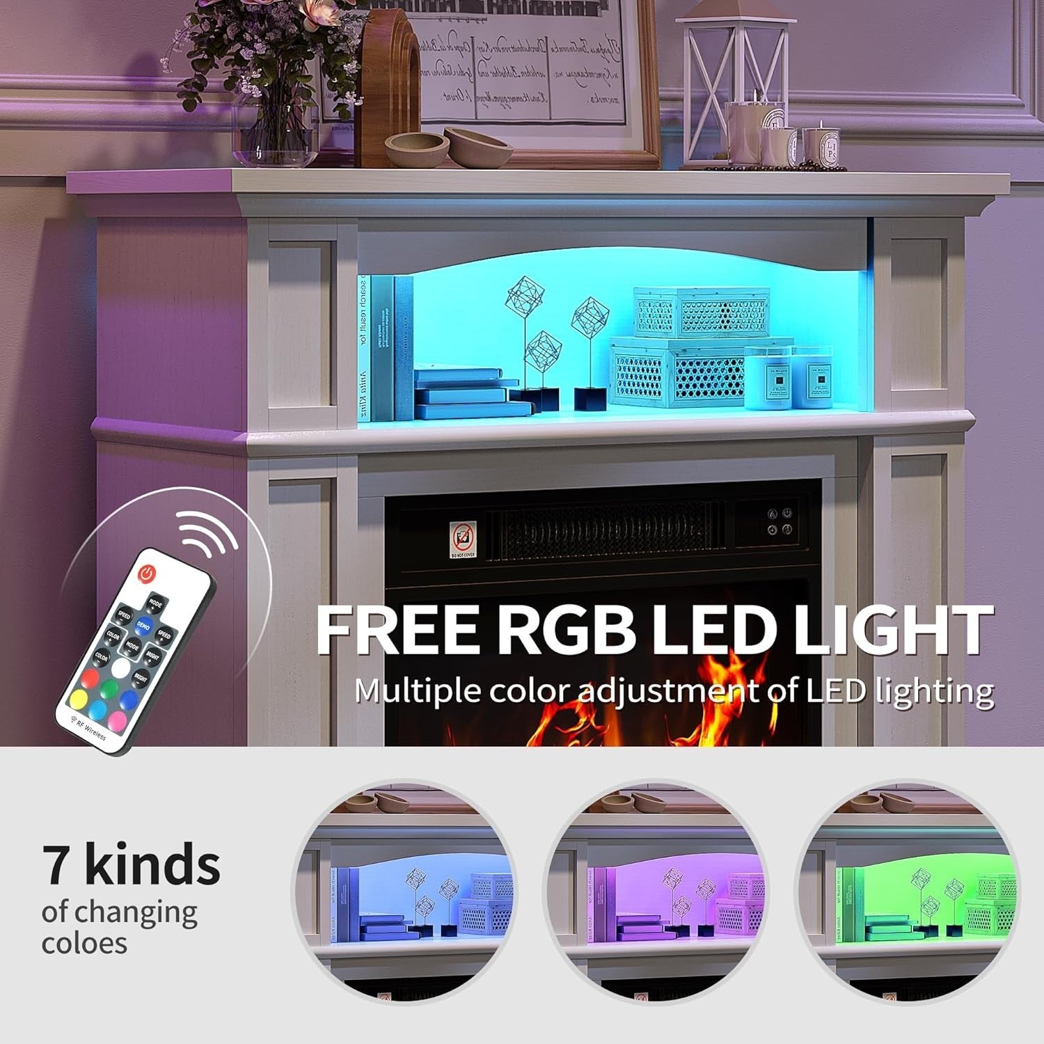 18" Freestanding Electric Fireplace Heater LED Flame 16-Color Light Timer