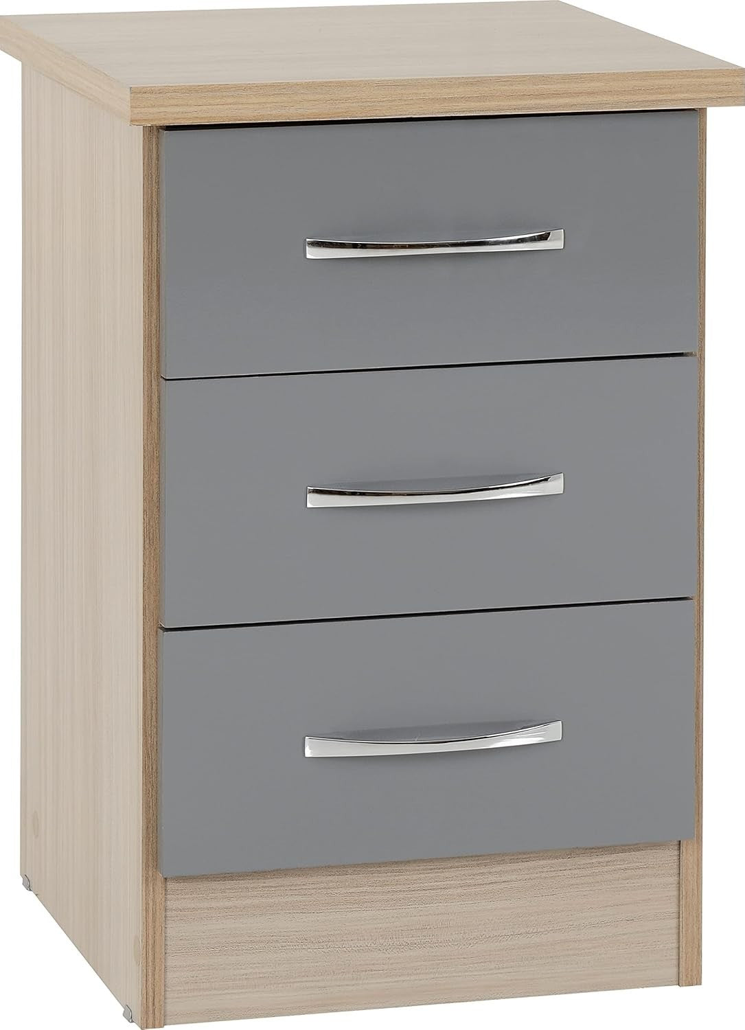 3 Drawer Grey Gloss Bedside Table – Modern Light Oak Nightstand