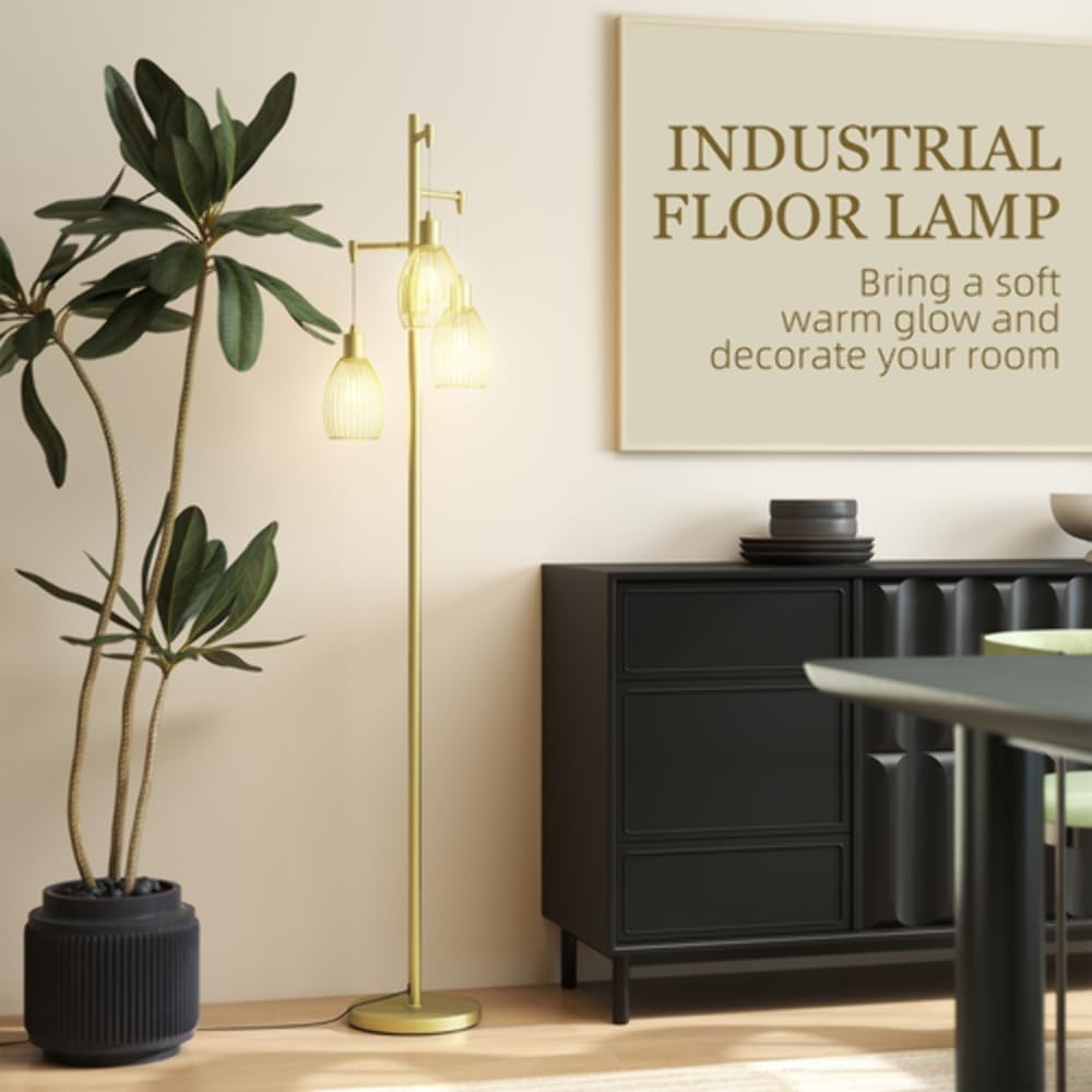 Gold Industrial 3 Light Floor Lamp Dimmable Steel Cage Standing Lamp