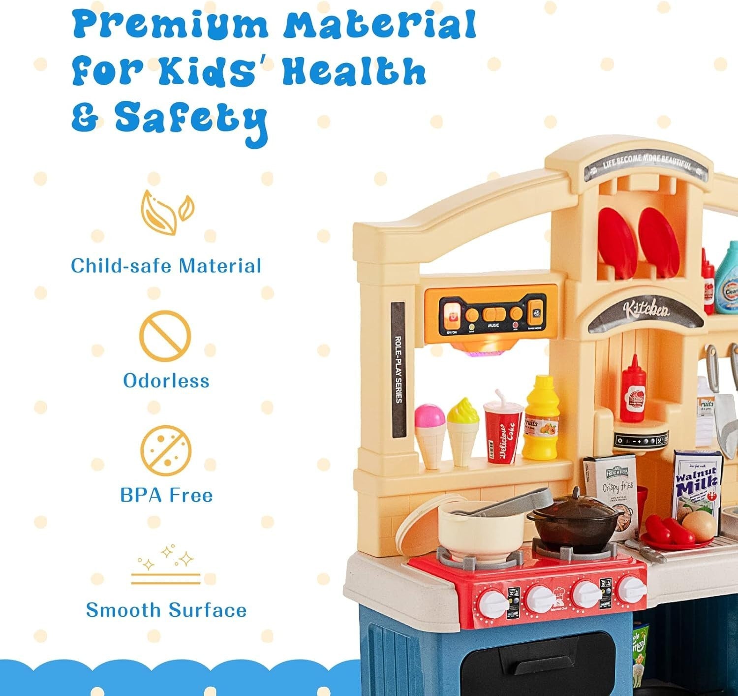 Kids Kitchen Playset w/ 69PCS Lights Sounds Steam Spray Blue