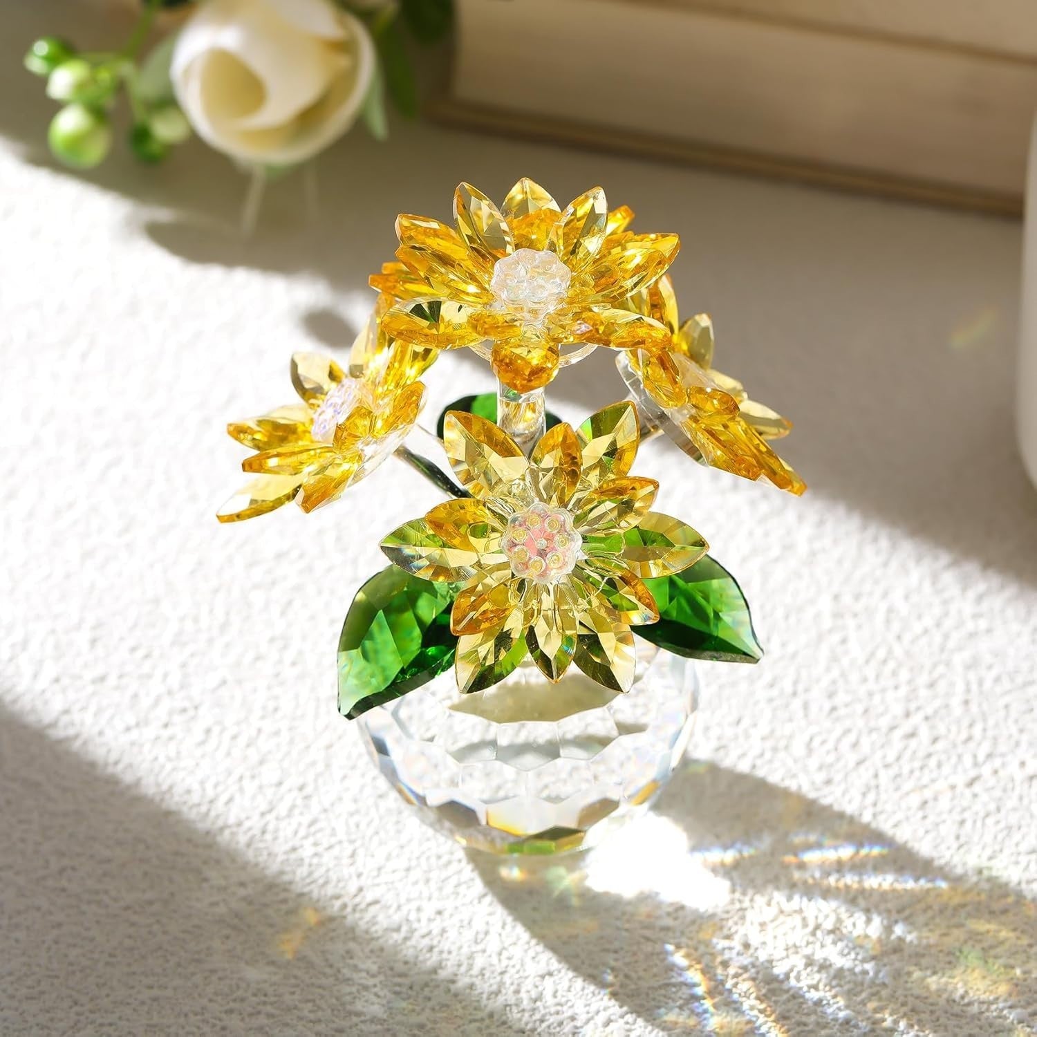 Yellow Crystal Daisy Bouquet Ornament 10cm Glass Flower Collectible Gift Decor
