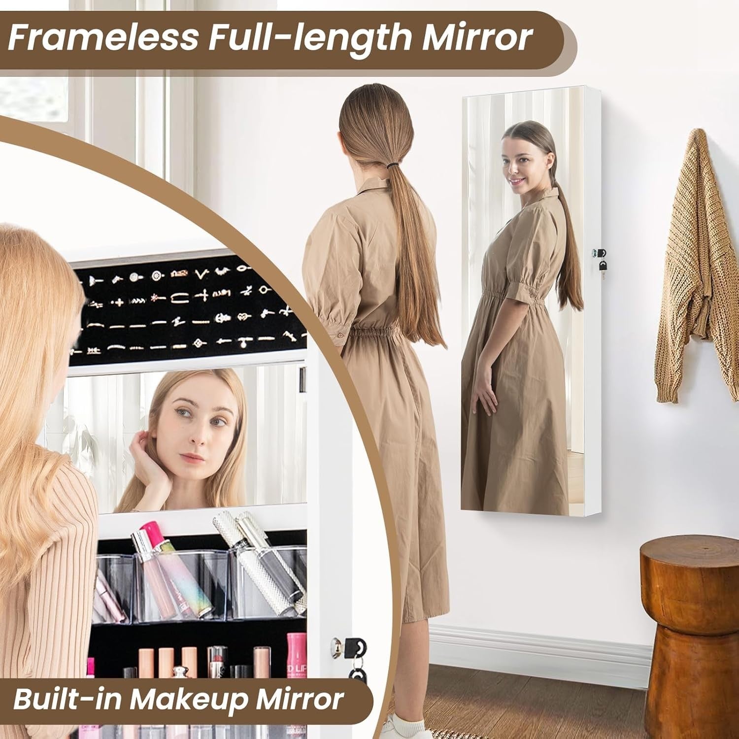 Wall Door Mounted Jewelry Armoire Lockable Full Length Mirror White