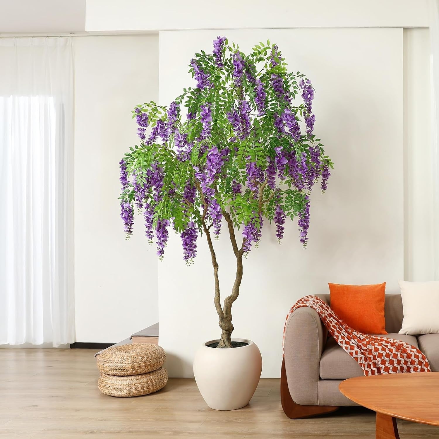 8ft Artificial Wisteria Tree in White Planter Faux Blooming Purple Indoor Decor