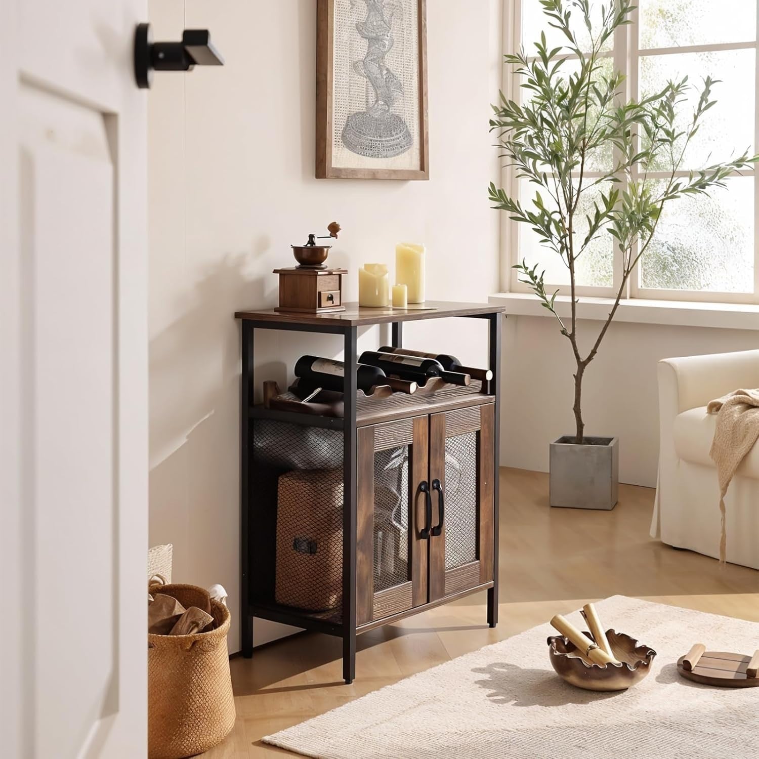 Industrial Wine Bar Cabinet with Detachable Rack, Glass Holder & Storage Shelves