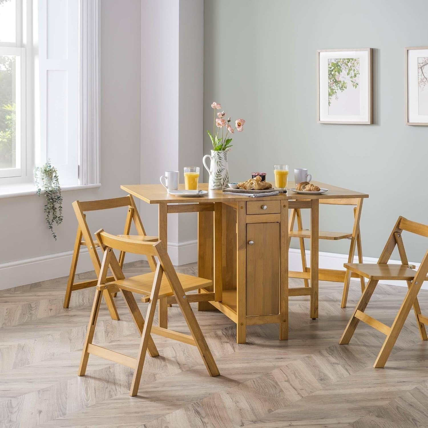 Compact Dining Table Set with Storage Drawer Foldable Chairs Light Oak