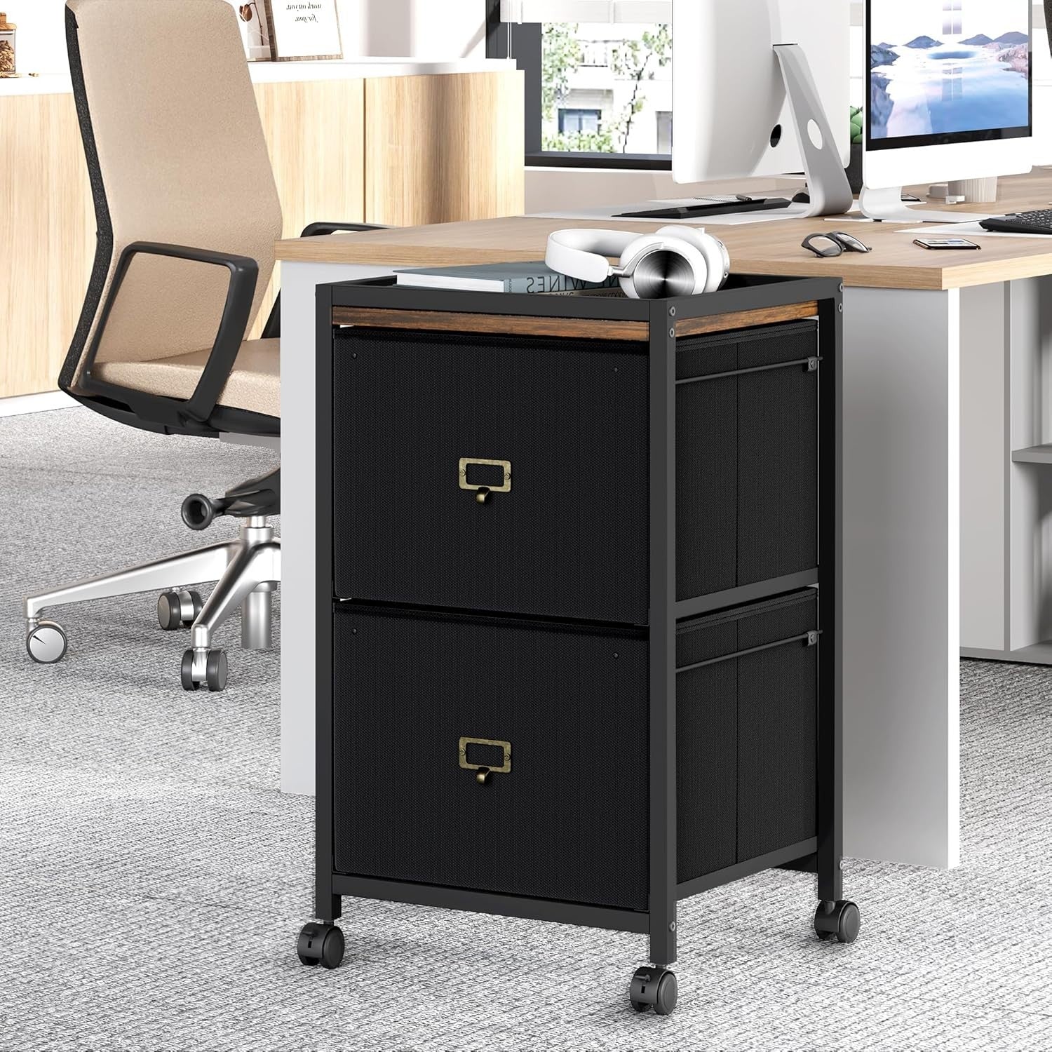 Retro Rolling File Cabinet 2 Drawer Under Desk A4 Letter Storage Black