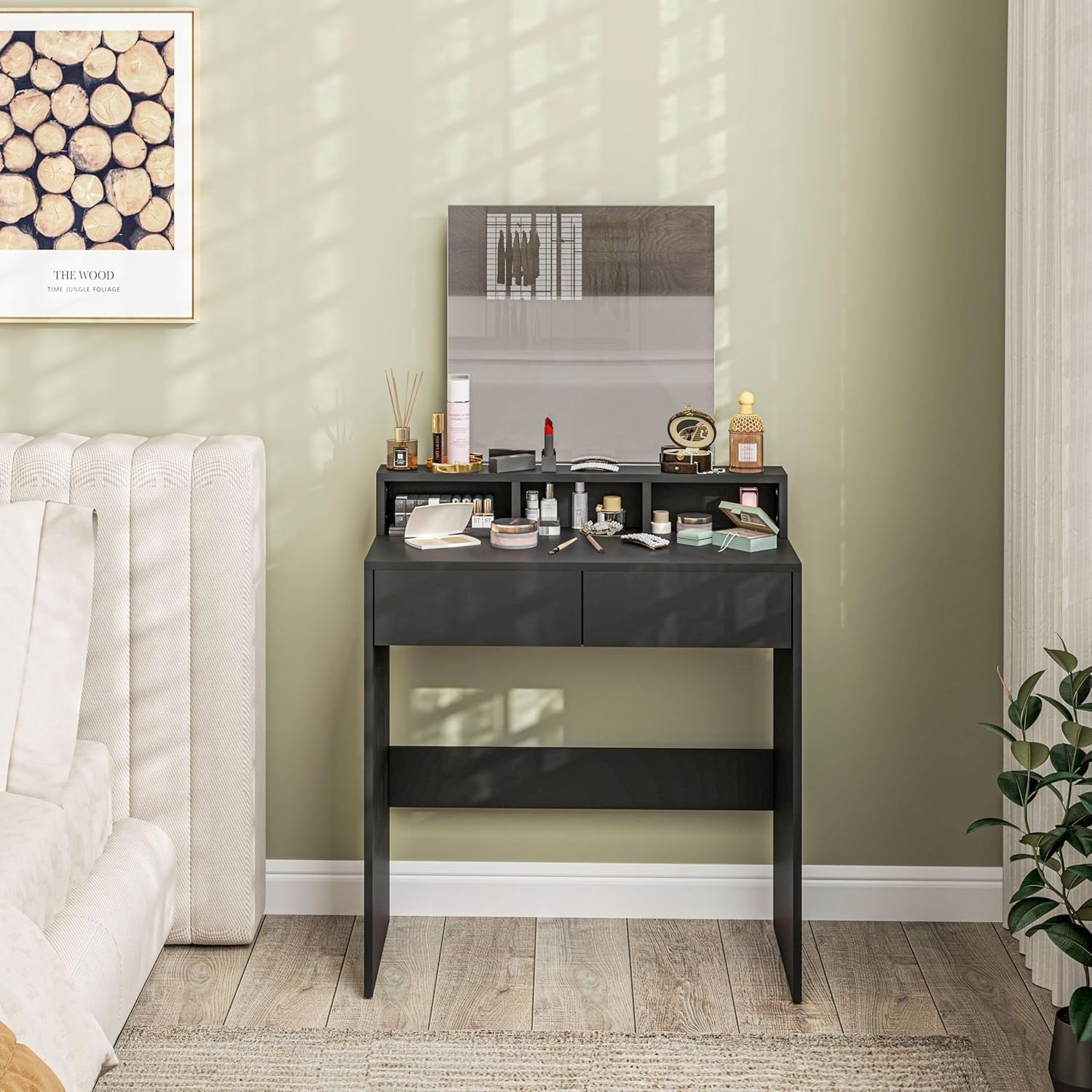 Compact Dressing Table Vanity Desk with Mirror 2 Drawers Shelves Black Wood