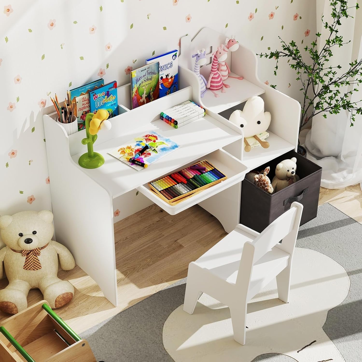 Kids Study Desk & Chair Set with Storage Drawers, Organizer & Ergonomic Design