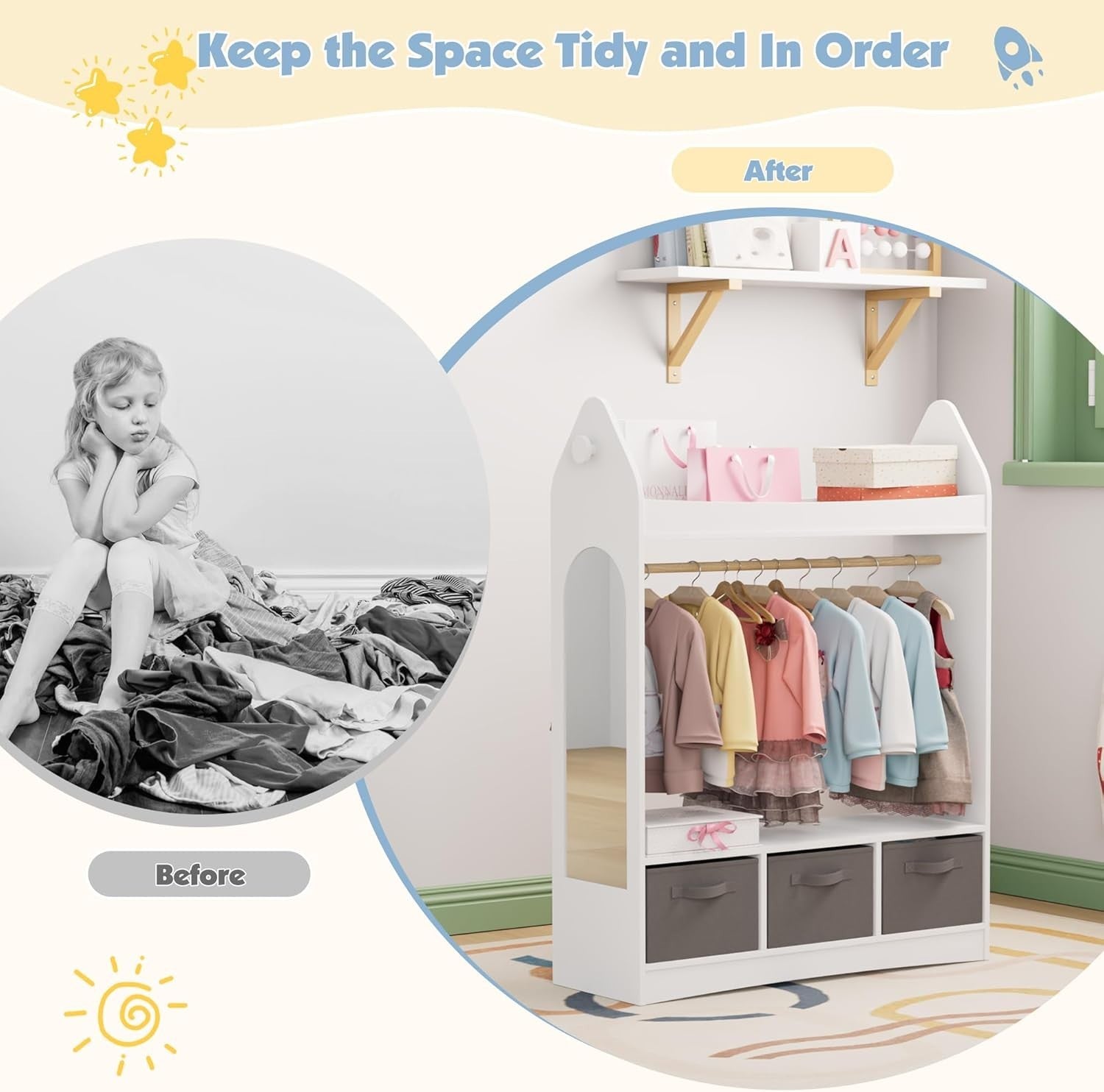 Kids Wardrobe Dress Up Storage with Mirror Costume Rail Closet Armoire White