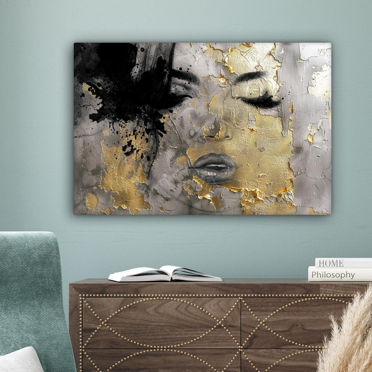 Large Framed Canvas Wall Art 60x40cm Gold Black Abstract Woman