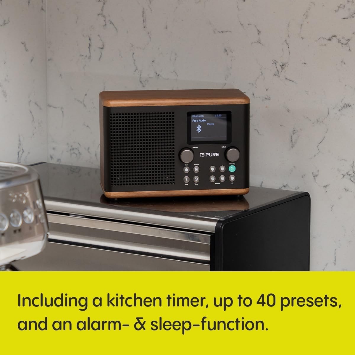 Digital Kitchen Radio DAB+ FM Bluetooth USB AUX Timer Alarm Black/Walnut