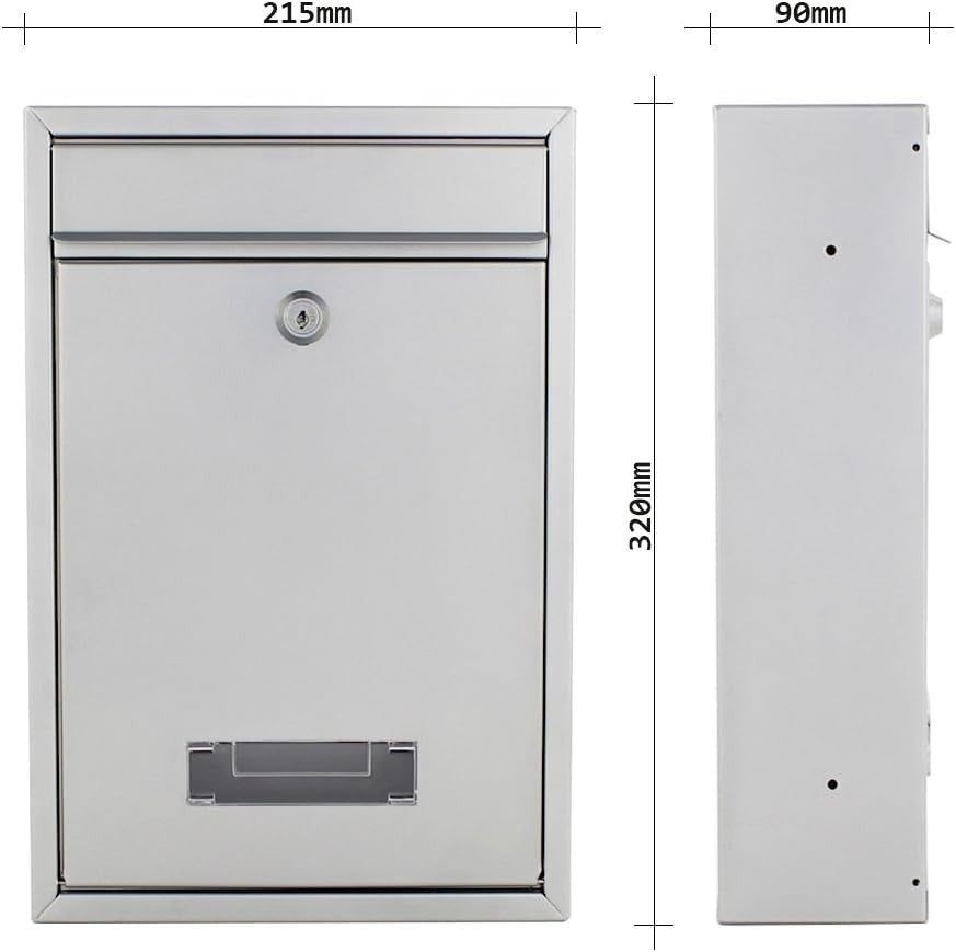 Wall Mount Steel Mailbox Silver Zinc-Plated Lockable Post Box 215x90x320mm