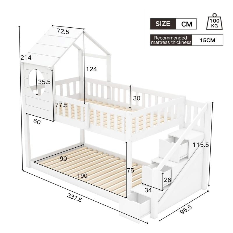 Kids White Wooden Bunk Bed with Storage Ladder 3FT Playhouse Cabin Bed Frame