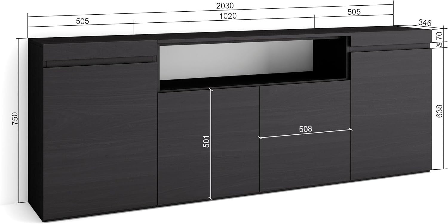Large Black Sideboard Cabinet 4 Doors 4 Drawers Storage Buffet Unit Modern