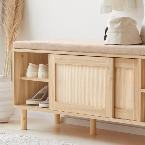 Wooden Shoe Storage Bench with Cushion 6 Compartments 121×35×49cm