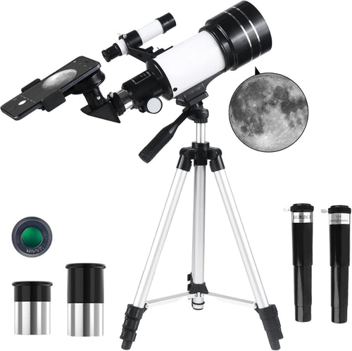70mm Refractor Telescope 300mm for Kids & Adults, White with Tripod