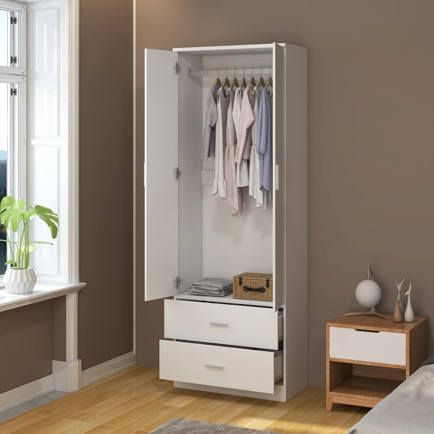 Mirrored 2 Door Wardrobe with Hanging Rail & Drawers - Sturdy, Modern Storage