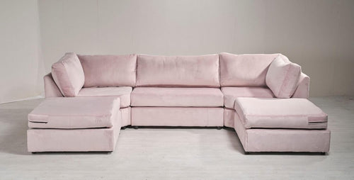 Blush Pink Plush U Shaped Sectional Sofa Modern 6 Seater with Chaise