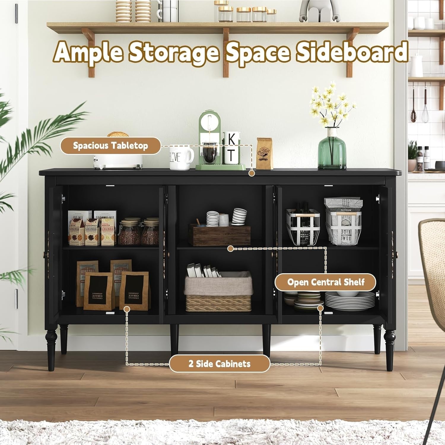 Black Wood Sideboard Cabinet 4 Door Gold Handle Buffet Storage Unit