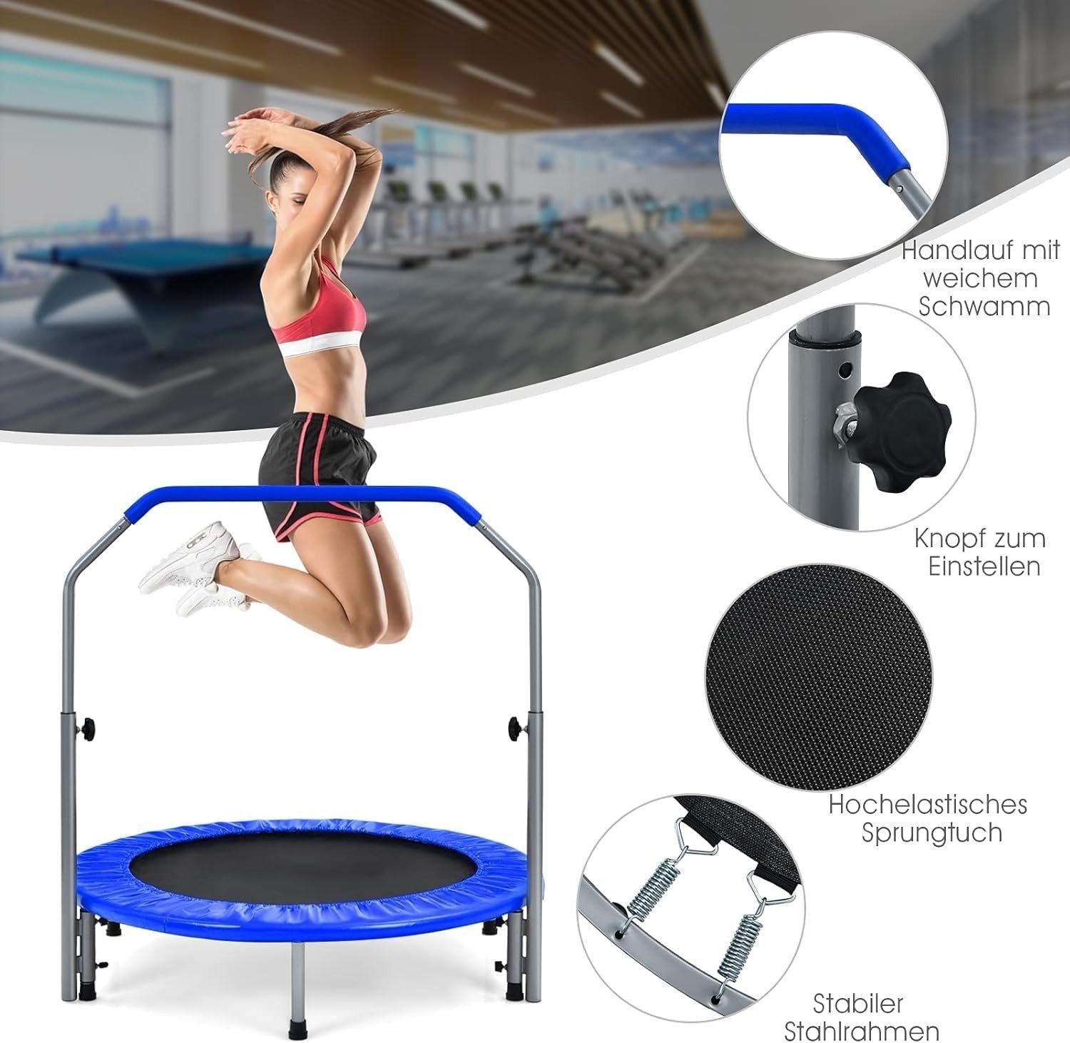 101cm Fitness Rebounder Trampoline Adjustable Handle Foldable 150kg