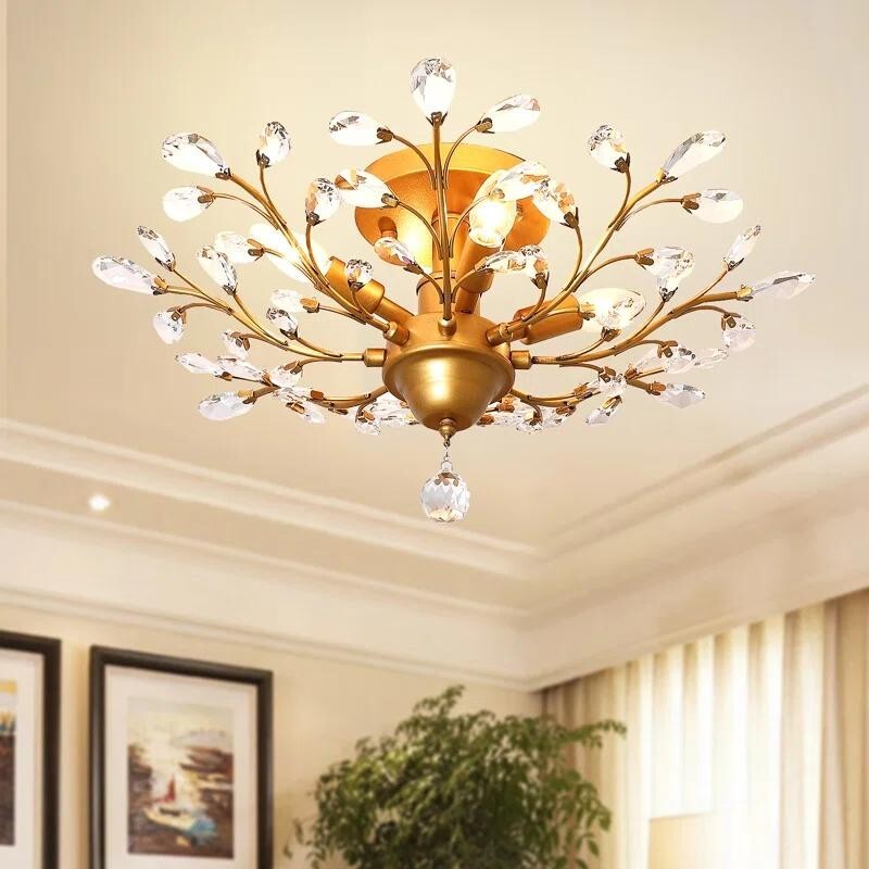 Gold Vintage Crystal Chandelier Flush Ceiling Light E14 Pendant 4-Light