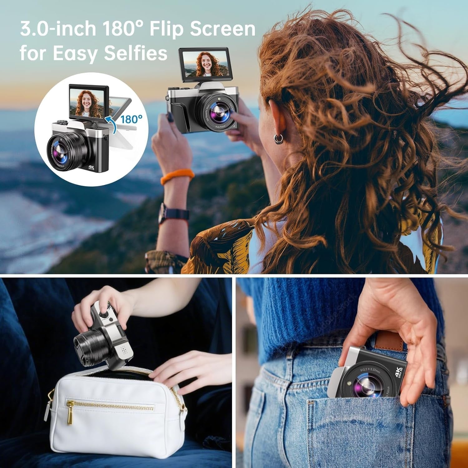 4K 64MP Vlogging Camera WiFi Flip Screen 16X Zoom SD Card Kit