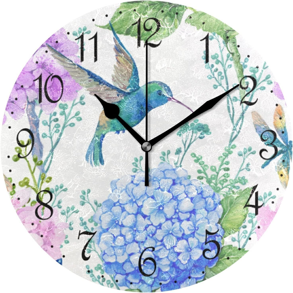 25cm Hummingbird Wall Clock – Silent Non-Ticking Watercolour Floral Decor