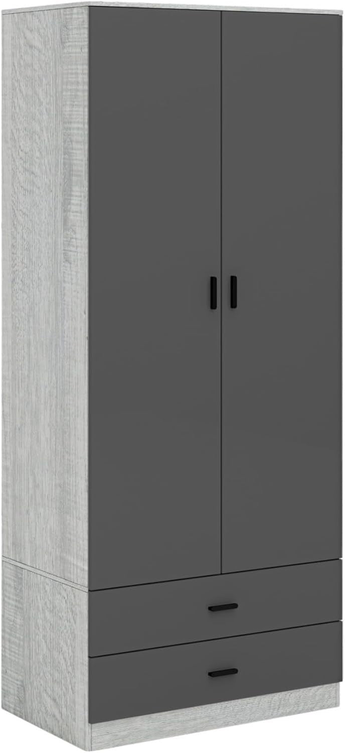 Modern Ash Grey Tall Wooden Wardrobe with 2 Drawers Bedroom Storage Unit