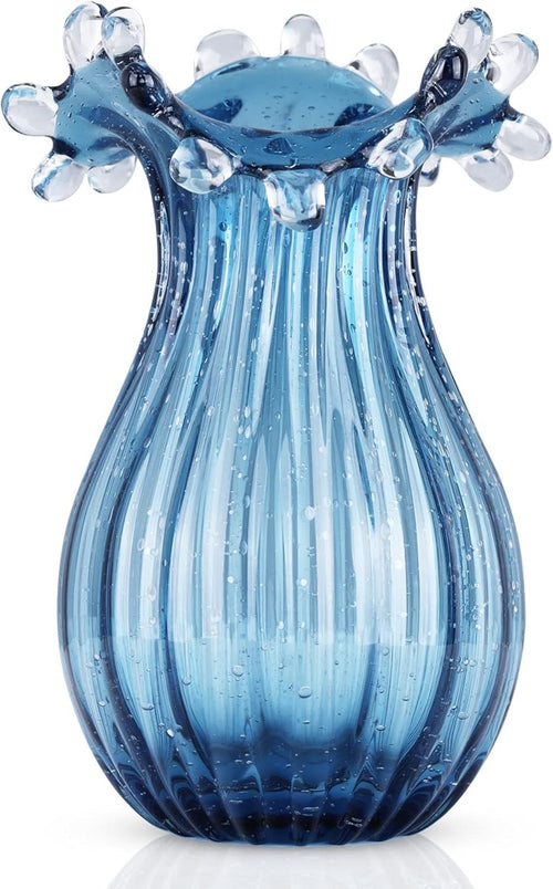 Blue Blown Glass Vase Modern Table Centerpiece Art Flower Display