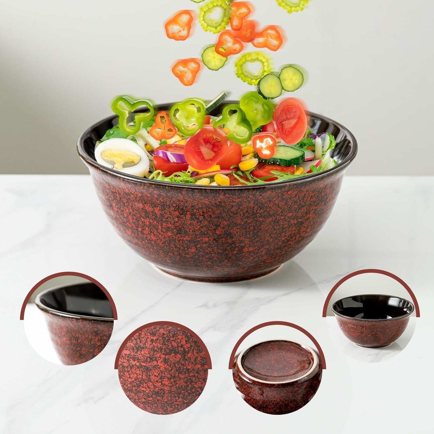 3 Pcs Red Ceramic Mixing Bowls Microwave Oven Safe Nesting Set