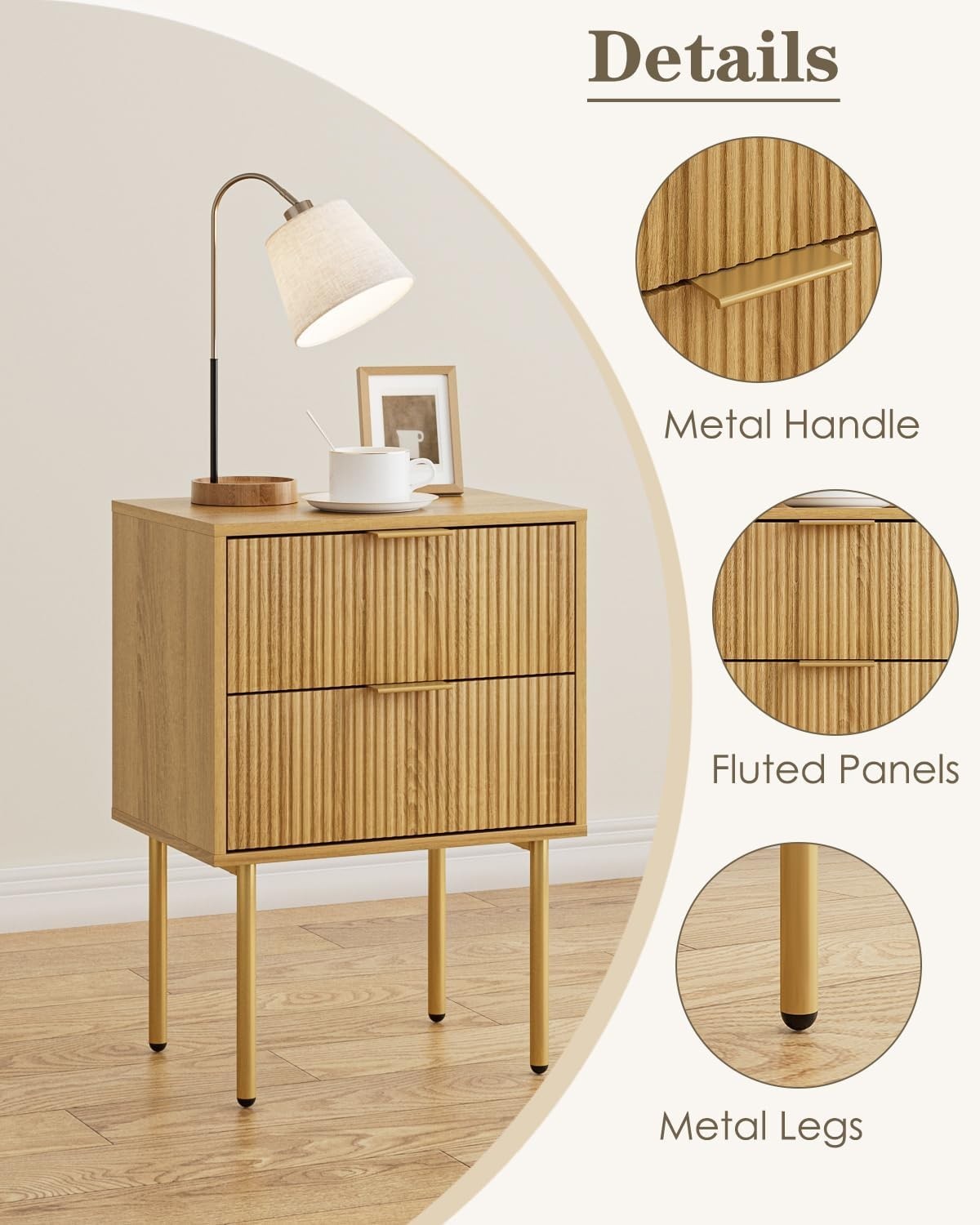 Modern Oak Bedside Table with 2 Drawers & Gold Legs | Wooden Nightstand