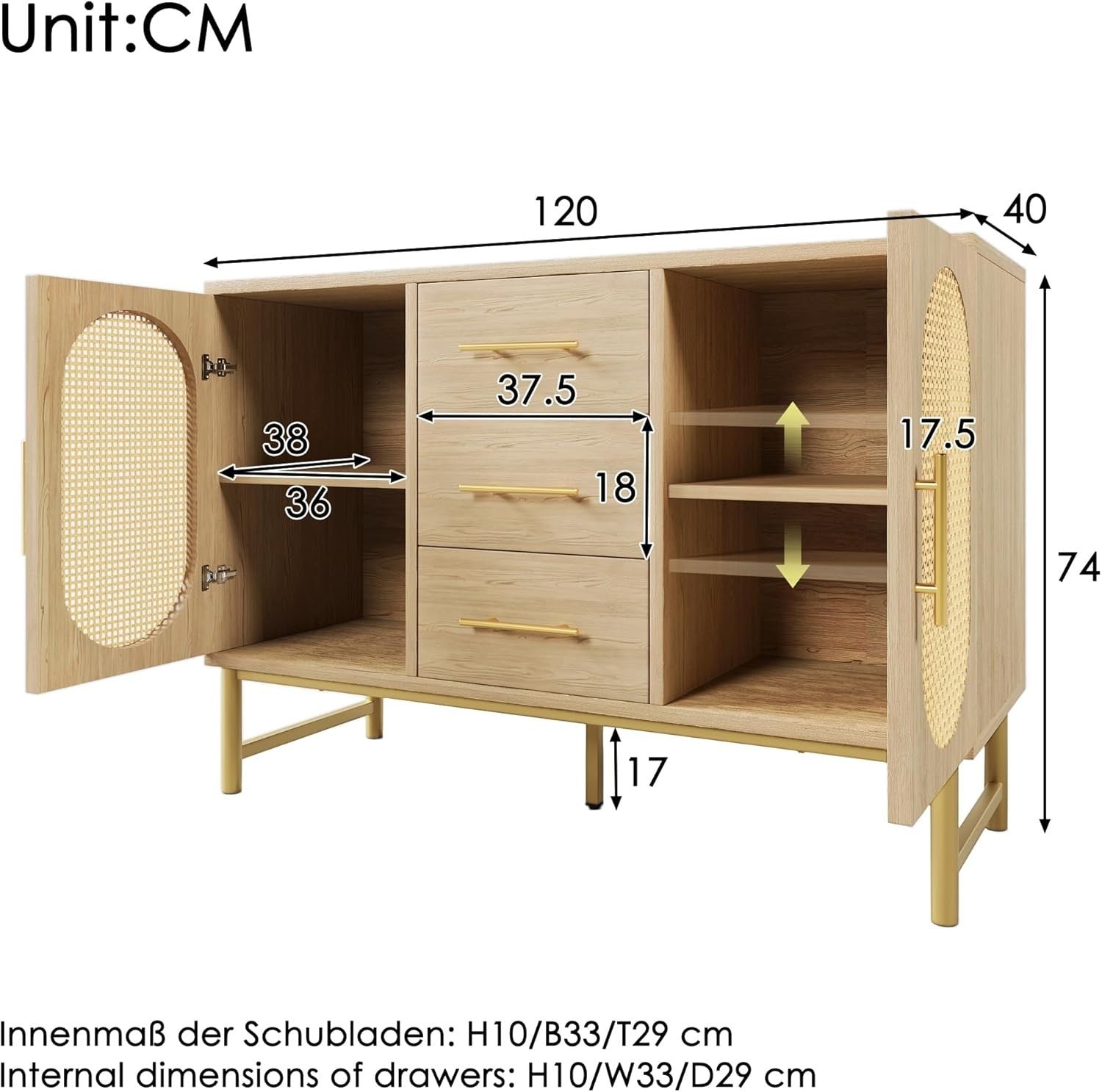 Rattan Sideboard Oak Storage Cabinet 3 Drawers 2 Doors 120cm Boho Chic