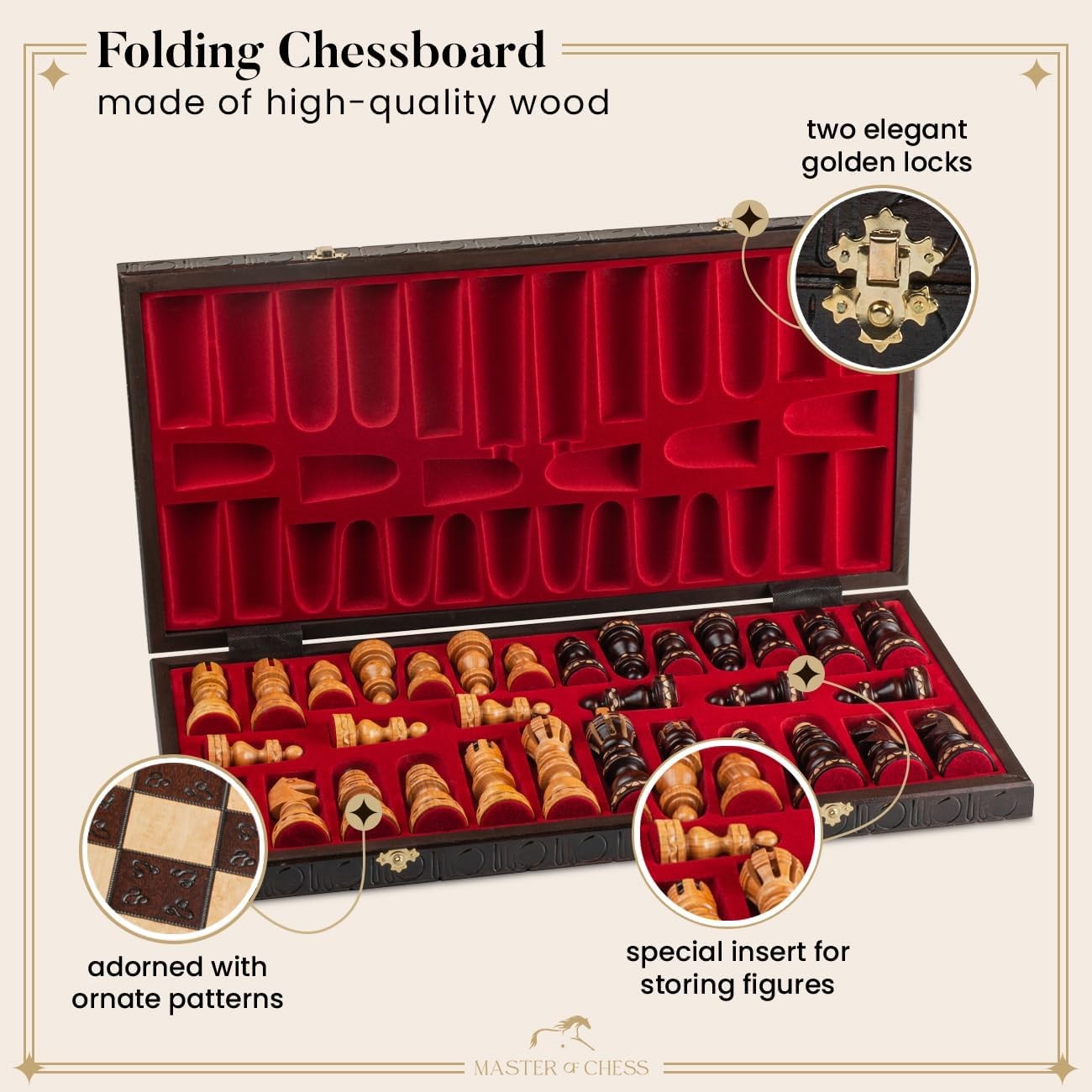 60cm Luxury Wooden Chess Set | Hand-Carved Metal & Wood Pieces | Premium Board