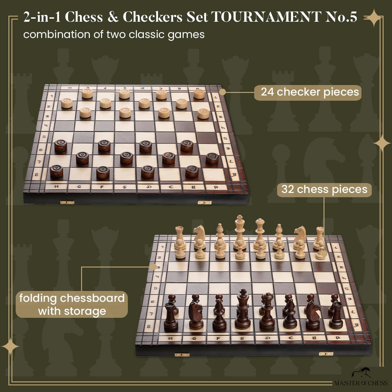 Luxury Wooden Chess & Draughts Set 50cm • Weighted Pieces • Folding Board