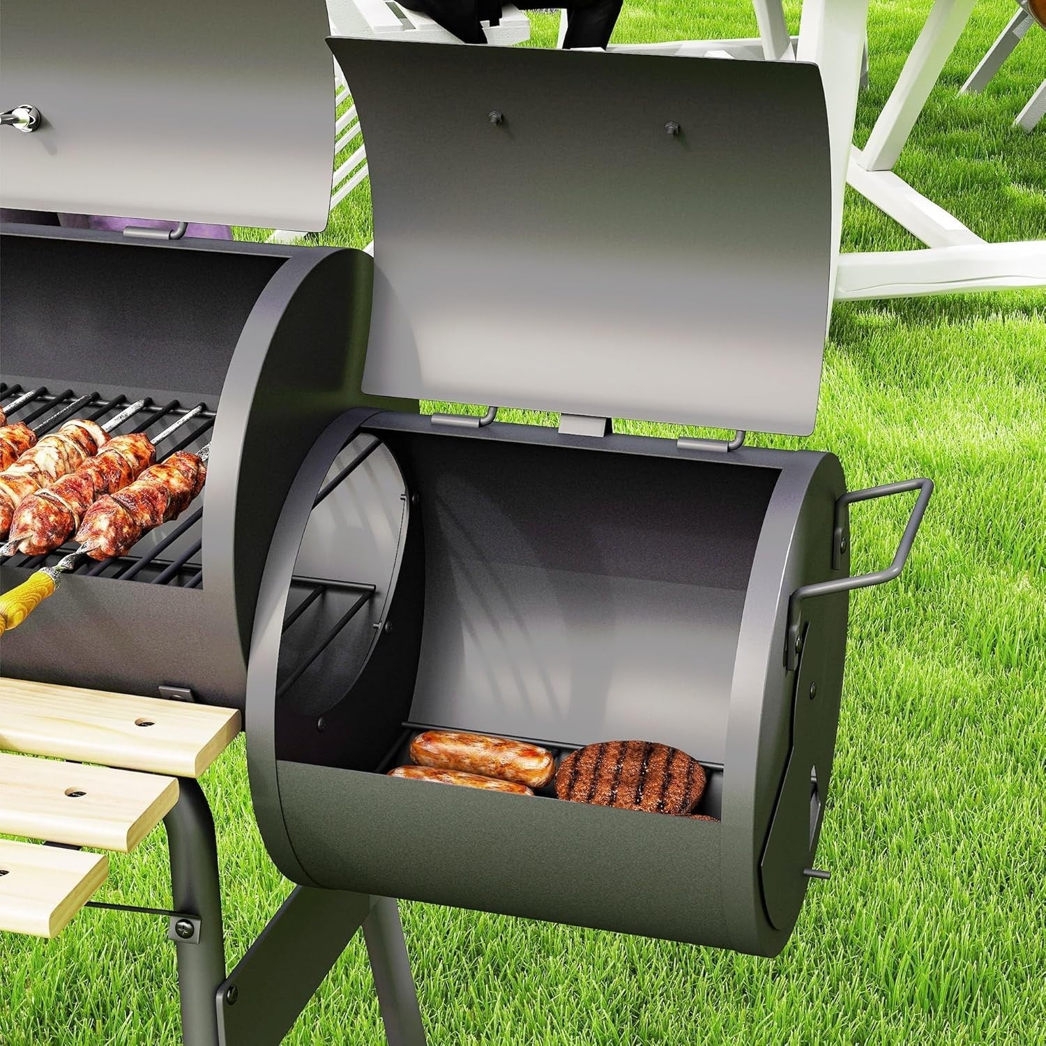 Charcoal BBQ Grill with Offset Smoker | Outdoor Barrel Barbecue with Shelves