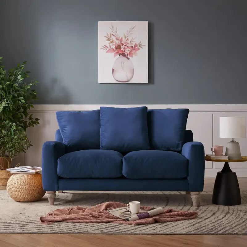 Navy Velvet 2 Seater Sofa with Scatter Back Cushions & Deep Foam Seat