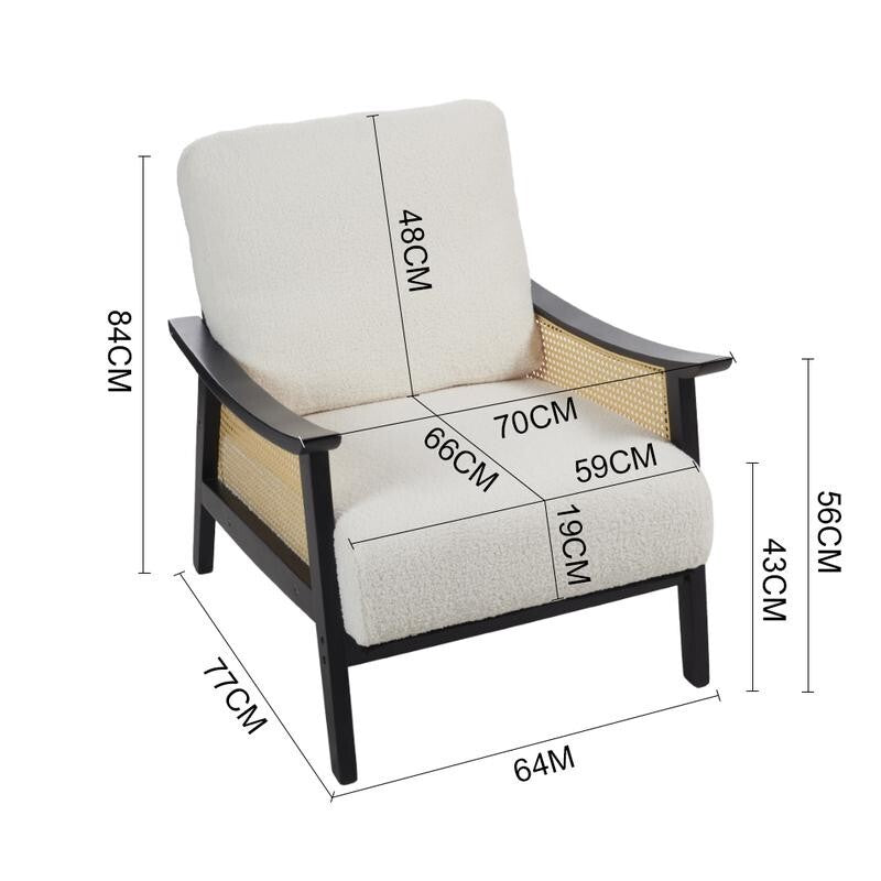 Mid-Century Rattan Armchair White Teddy Fur Seat Retro Lounge Accent