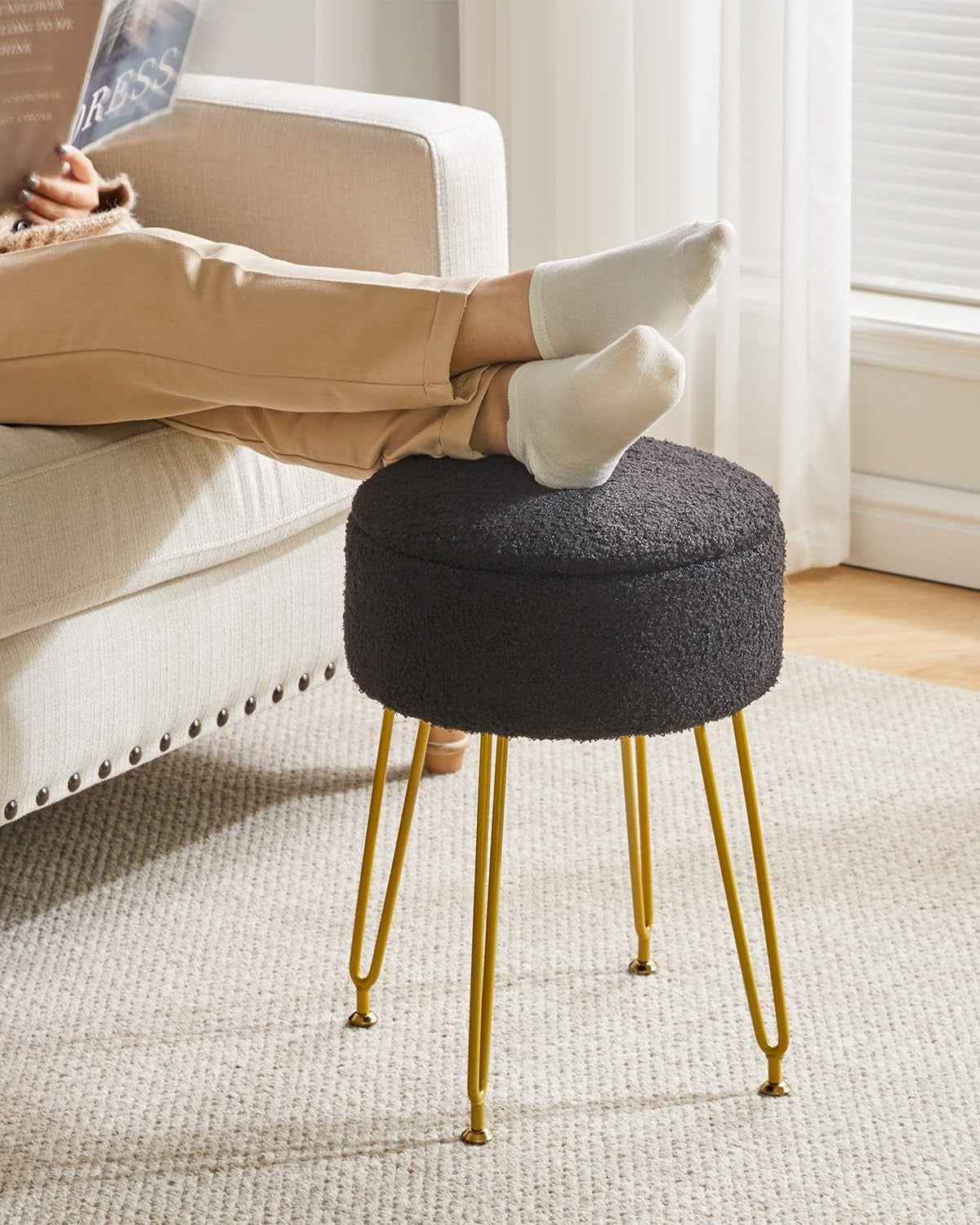 Black Teddy Velvet Storage Footrest Stool – Vanity Ottoman with Golden Legs
